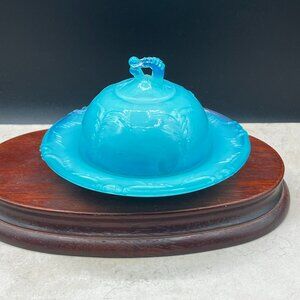 Rare Vintage R Wetzel Turquoise Blue Opaque Glass Butter Dish And Lid 1970's